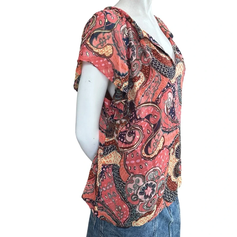 A.L.C. “June” Orange & Pink Paisley Floral 100% Silk Short Flutter Sleeve Top 10 - Picture 6 of 10